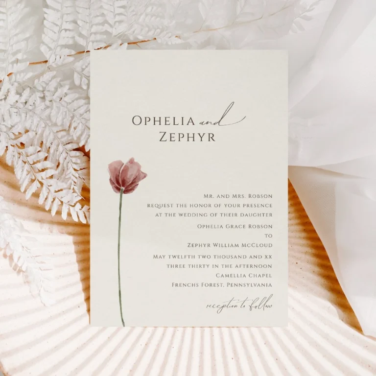 minimalist wedding invitation with single watercolor flower