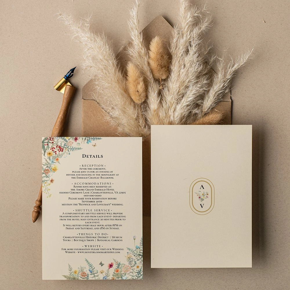 Wildflower wedding details card template with rustic design
