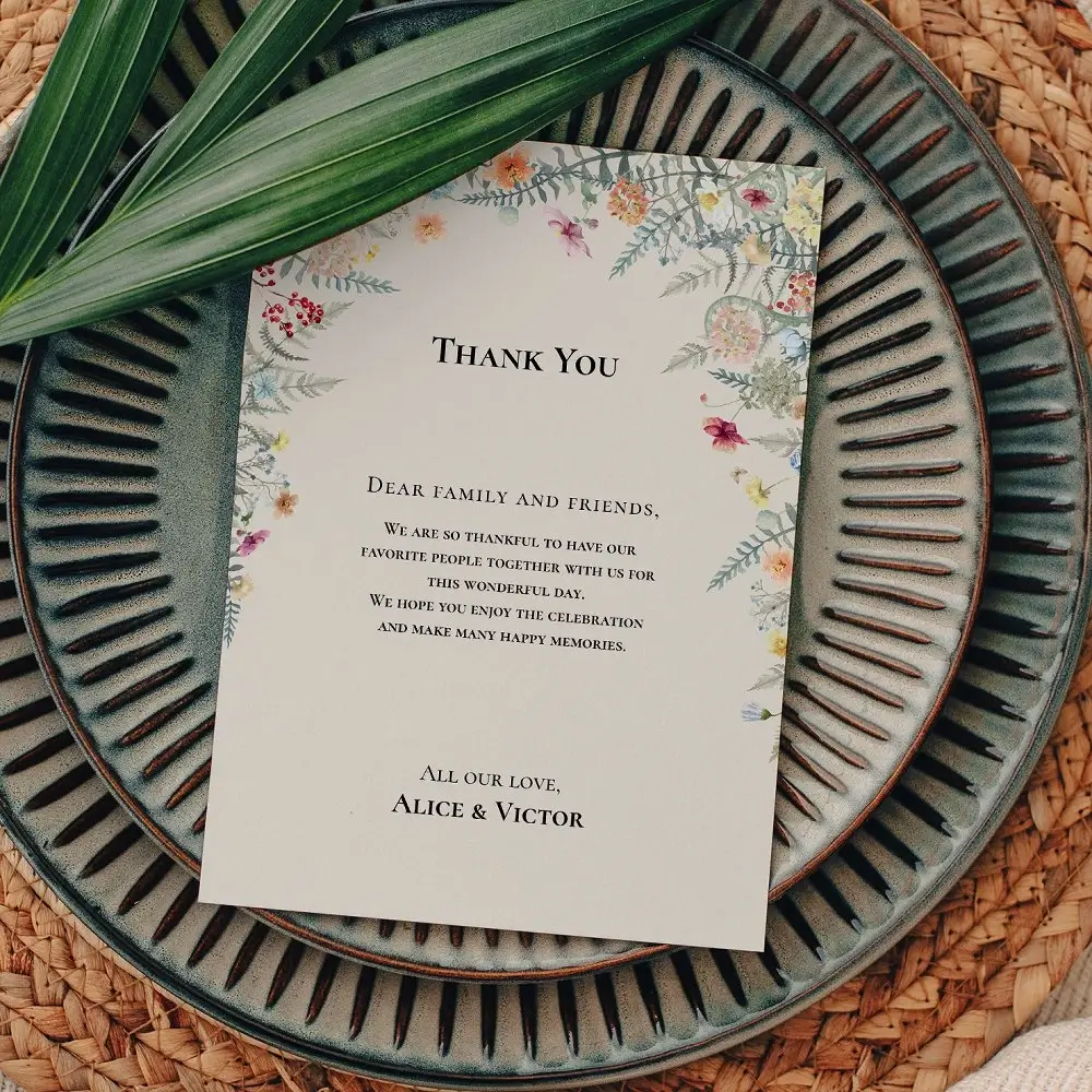 Wildflower wedding thank you card template, rustic floral design