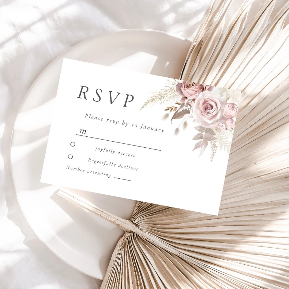 Dusty rose blush floral wedding RSVP card template