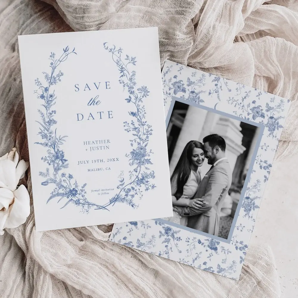 Elegant dusty blue chinoiserie wedding save the date design