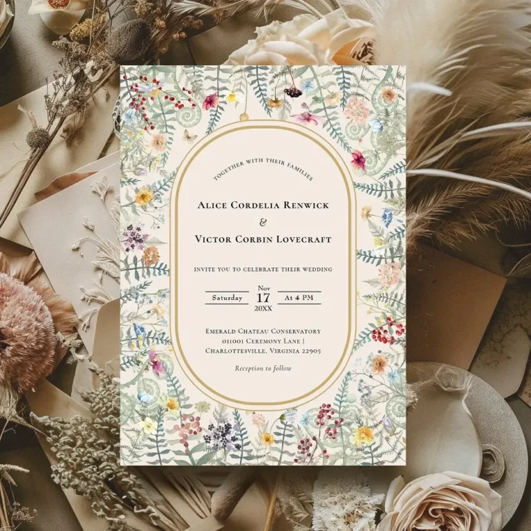 Vintage wildflower wedding invitation template with beige background