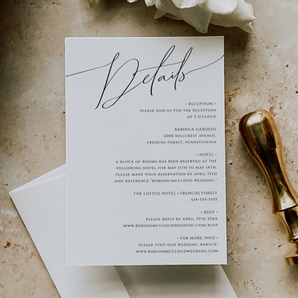 Whimsical script wedding details card template