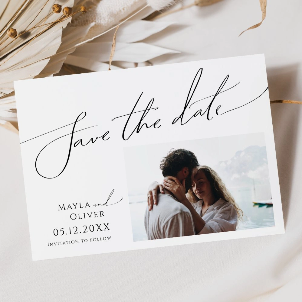Whimsical script wedding save the date card with photo