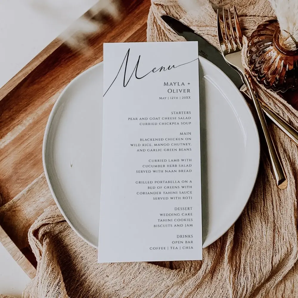 Whimsical script wedding dinner menu card template