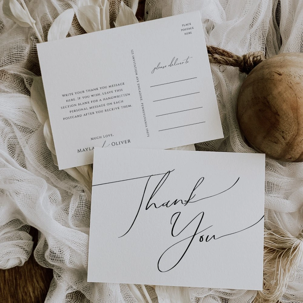 Whimsical script wedding thank you postcard template