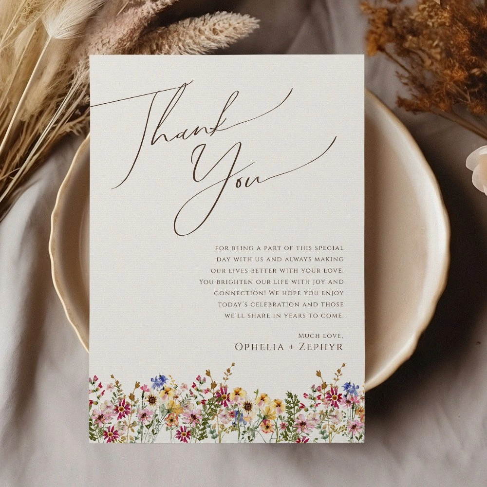 wedding thank you card with watercolor wildflowers